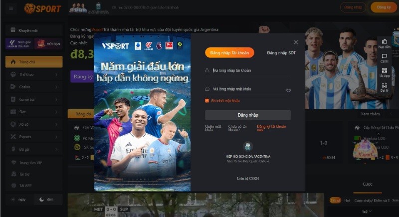 Anh em dùng tài khoản Vsport trước đó đã đăng ký để truy cập nhà cái